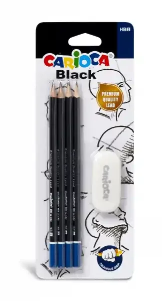 Carioca Blister de 4 Lapices de Grafito Black HB + Goma – Faciles de Borrar y Sacar Punta – Cuerpo Triangular Agradable al Tacto – Mina Resistente a Caidas – Color Negro