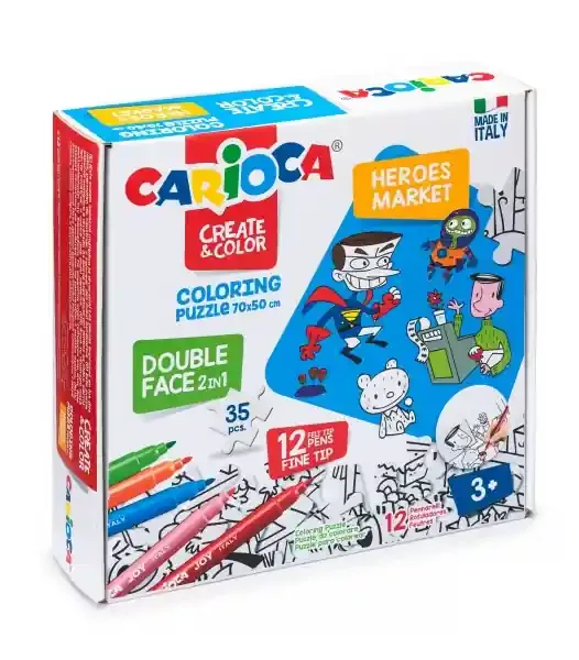 Carioca Coloring Puzzle Super Heroes & Market Pack de 35 Piezas a Doble Cara para Colorear – Incluye 12 Rotuladores Superlavables – Carton Duro y Encajes Precisos para Facil Montaje – Color Varios