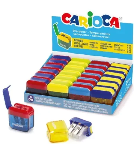Carioca Expositor con 24 Minisacapuntas de 2 Orificios con Deposito – Tapon de Seguridad en la Cuchilla – Colores Aleatorios Surtidos