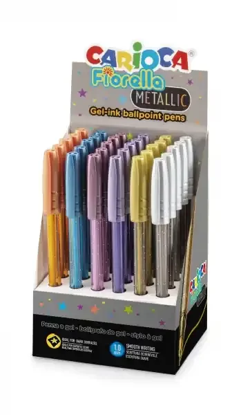 Carioca Fiorella Expositor de 30 Boligrafos de Colores Metallic – Punta de Esfera – Cuerpo Transparente Fluo – Escritura Brillante y Colorida – Color Varios