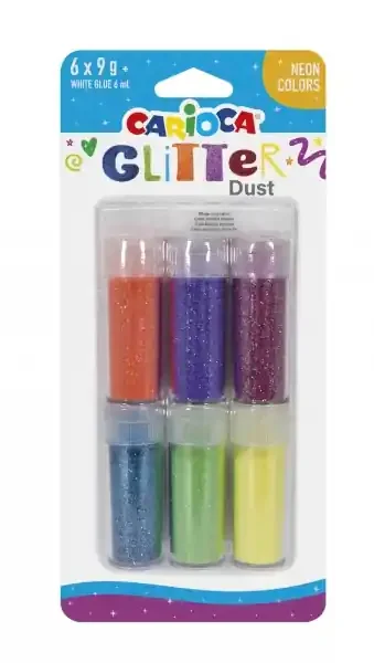 Carioca Glitter Dust Pack de 6 Colores – Cola Incluida – Ideal para Superficies Oscuras – Perfecta para Decoraciones y Trabajos de Arte – Color Varios