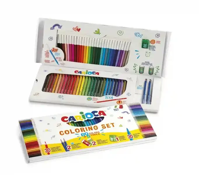 Carioca Joy Pack de 65 Piezas para Colorear – 30 Rotuladores Super Lavables – 30 Lapices de Color Superfuertes – 2 Gomas de Borrar – 2 Lapices de Grafito HB – 1 Sacapuntas con Deposito – Color Varios