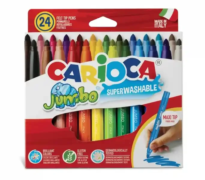 Carioca Jumbo Pack de 24 Rotuladores – Cuerpo Octogonal Maxi – Tinta Superlavable – Punta Maxi 6mm Bloqueada – Tapa Ventilada – Color Varios
