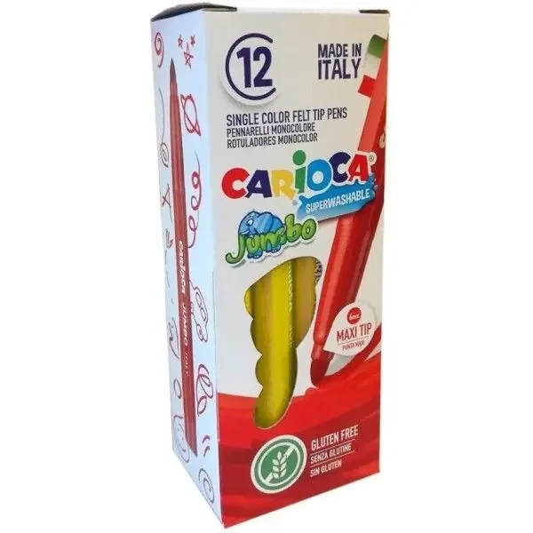 Carioca Jumbo Rotulador – Cuerpo Octogonal Maxi – Tinta Superlavable – Punta Maxi 6mm Bloqueada – Tapa Ventilada – Color Amarillo (12 uds)