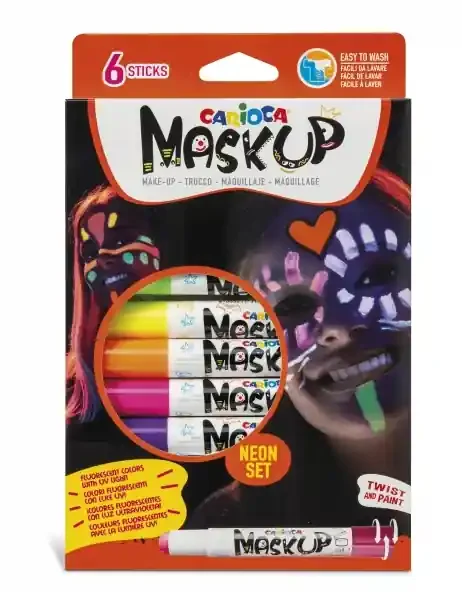 Carioca Mask Up Pack de 6 Colores para la Piel en Barra Neon – Ideales para Fiestas – Fluorescentes con Luz Ultravioleta – Brillantes y Lavables – 2 Tutoriales Incluidos – Color Varios
