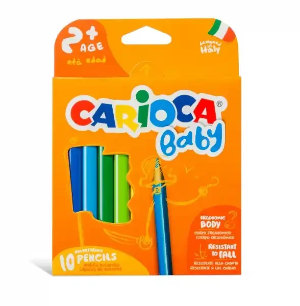 Carioca Maxi Pack de 10 Lapices Triangulares Baby 2+ – Facil de Agarrar – Cuerpo de Resina sin Madera – No Se Astilla – Resistente a Caidas – Color Varios