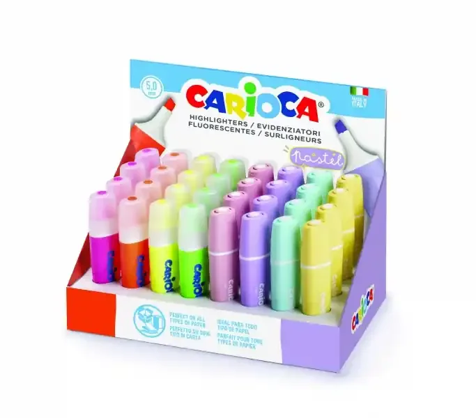 Carioca Memolight Expositor de 32 Subrayadores – Colores Fluo y Pastel – Brillantes y Lavables – Tinta a Base de Agua – Punta Biselada – Color Varios