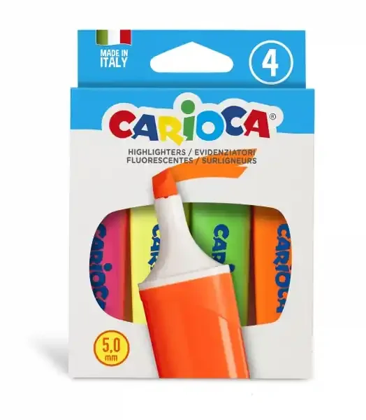 Carioca Memolight Pack de 4 Subrayadores – Punta Biselada de 5mm – Colores Brillantes y Lavables – Tinta a Base de Agua – Color Varios