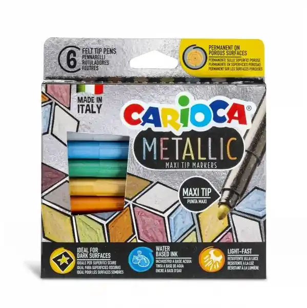 Carioca Metallic Maxi Pack de 6 Rotuladores – Punta Maxi Ø 6mm – Ideales para Superficies Oscuras – Colores Permanentes en Superficies Porosas – Color Varios