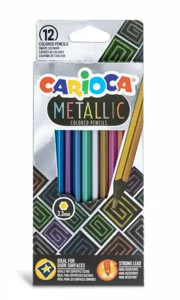 Carioca Metallic Pack de 12 Lapices Hexagonales Metalicos – Colores Cubrientes – Ideales para Superficies Oscuras – Mina Premium de Ø 3.3mm Resistente a las Caidas – Faciles de Afilar – Color Varios