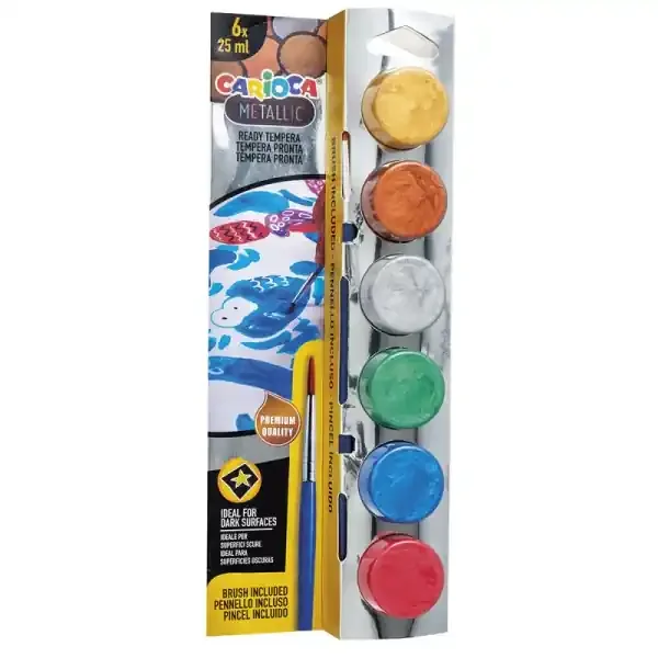 Carioca Metallic Pack de 6 Temperas en Botes de 25ml + Pincel – Superlavables – Mezclables – Colores Metallic Surtidos
