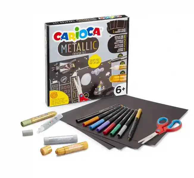 Carioca Metallic Pop Up Creator Juego para Realizar Super Cartulinas 3D – 8 Rotuladores Metalicos Punta Fina – 2 Temperello Oro y Plata – 2 Glitter Glue Oro y Plata – 1 Tijeras – 4 Cartulinas Negras – Color Varios