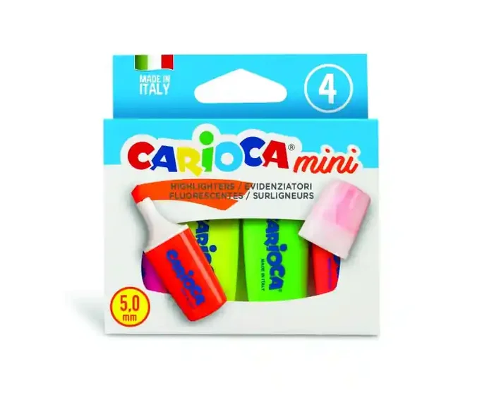 Carioca Minilight Pack de 4 Subrayadores – Punta Biselada de 5mm – Brillantes y Lavables – Tinta a Base de Agua – Color Varios