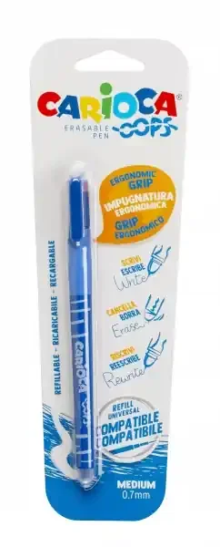 Carioca Oops Blister Boligrafo Borrable – Termo Sensible – Empuñadura Ergonomica Triangular – Punta de 0.7mm – Doble Goma – Recambios Compatibles – Color Azul