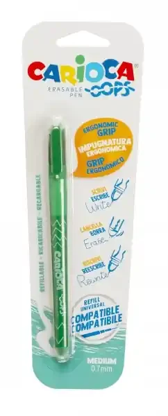 Carioca Oops Blister Boligrafo Borrable – Tinta Termo Sensible – Empuñadura Ergonomica Triangular – Punta de Ø 0.7mm – Doble Goma – Recambios Compatibles – Color Verde