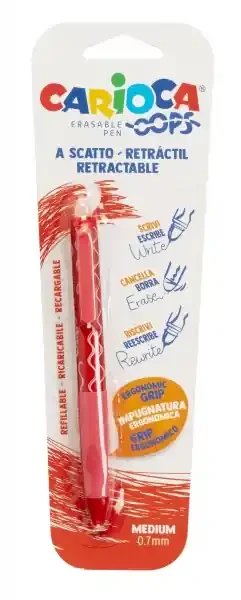Carioca Oops Boligrafo Borrable – Tinta Termo Sensible – Empuñadura Ergonomica Triangular – Punta de Ø 0.7mm – Recambios Compatibles – Color Rojo