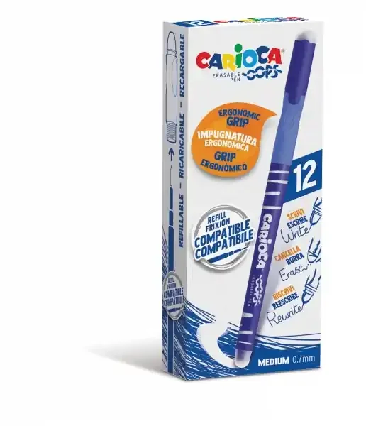 Carioca Oops Boligrafos Borrables – Termo Sensible – Empuñadura Ergonomica Triangular – Punta Ø 0.7mm – Doble Goma – Recambios Compatibles – Color Azul (12 uds)