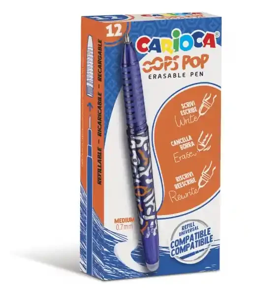 Carioca Oops Boligrafos Borrables – Termo Sensible – Empuñadura Texturizada – Punta de Ø 0.7mm – Doble Goma – Recambios Compatibles – Color Azul (12 uds)