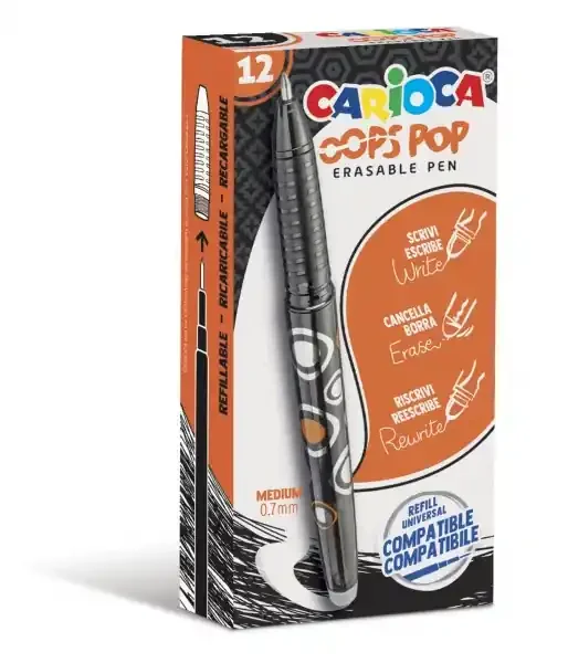 Carioca Oops Boligrafos Borrables – Termo Sensible – Empuñadura Texturizada – Punta de Ø 0.7mm – Doble Goma – Recambios Compatibles – Color Negro (12 uds)