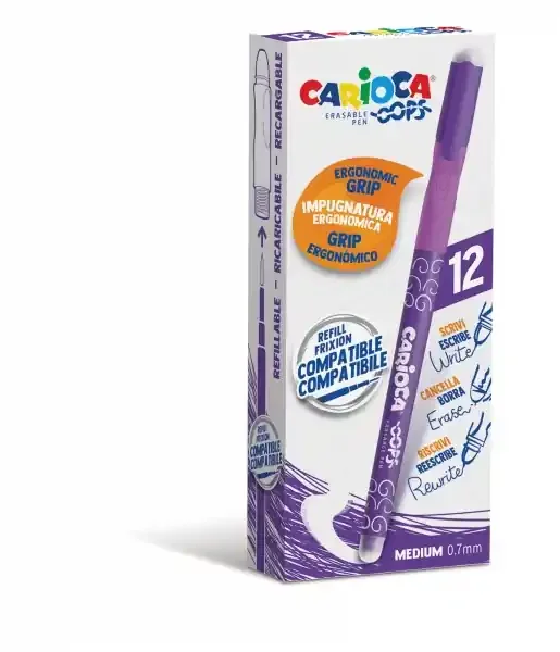 Carioca Oops Boligrafos Borrables – Tinta Morada Termo Sensible – Empuñadura Ergonomica Triangular – Punta de Ø 0.7mm – Doble Goma – Color Morado (12 uds)