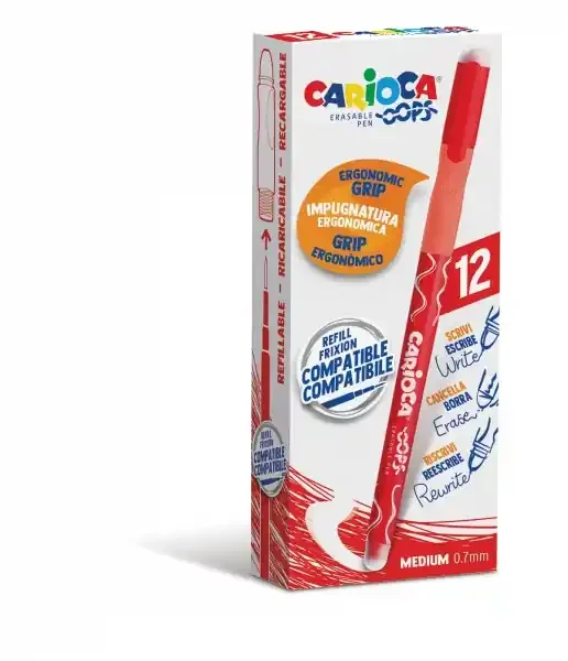 Carioca Oops Boligrafos Borrables – Tinta Roja Termo Sensible – Empuñadura Ergonomica Triangular – Punta de Ø 0.7mm – Doble Goma – Color Rojo (12 uds)