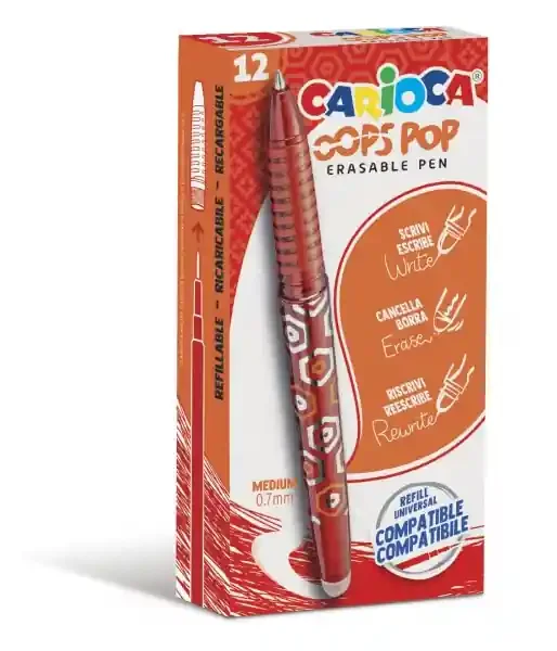 Carioca Oops Boligrafos Borrables – Tinta Termo Sensible – Empuñadura Texturizada – Punta de 0.7mm – Doble Goma – Recambios Compatibles – Color Rojo (12 uds)