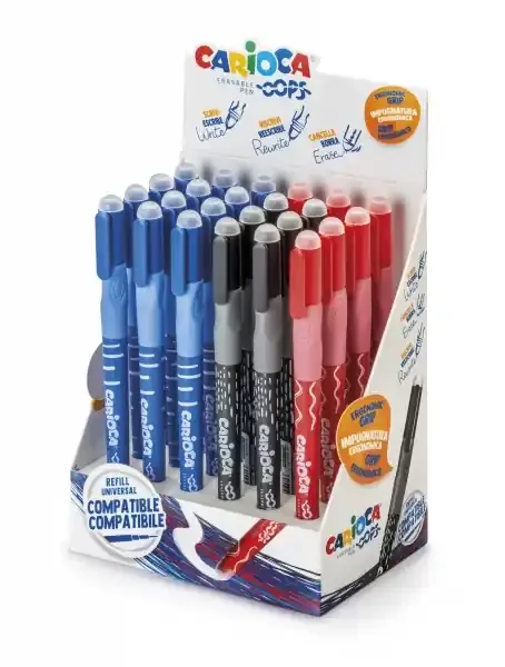 Carioca Oops Expositor de 24 Boligrafos Borrables – Tinta Termo Sensible – Empuñadura Ergonomica Triangular – Punta de Ø 0.7mm – Doble Goma – Recambios Compatibles – Color Varios