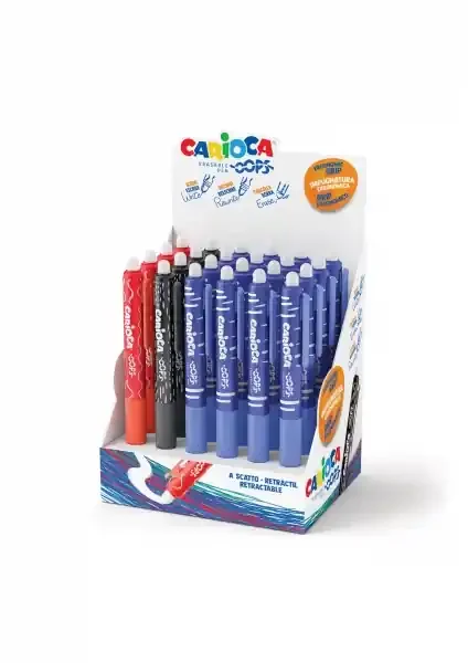 Carioca Oops Expositor de 24 Boligrafos Borrables Retractiles – Tinta Termo Sensible – Empuñadura Ergonomica Triangular – Punta de Ø 0.7mm – Doble Goma – Recambios Compatibles – Color Varios