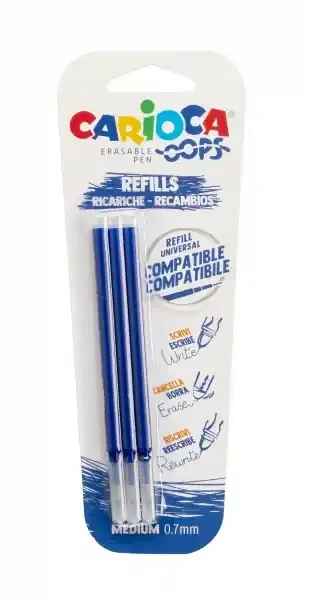 Carioca Oops Pack de 3 Recambios para Boligrafo Borrable – Tinta Termo Sensible – Punta de 0.7mm – Compatibles con Boligrafo Oops – Color Azul