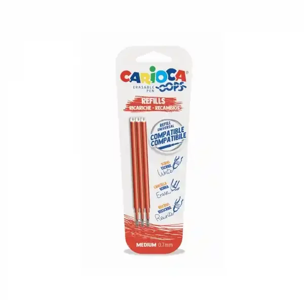 Carioca Oops Pack de 3 Recambios para Boligrafo Borrable – Tinta Termo Sensible – Punta de 0.7mm – Compatibles con Boligrafo Oops – Color Naranja