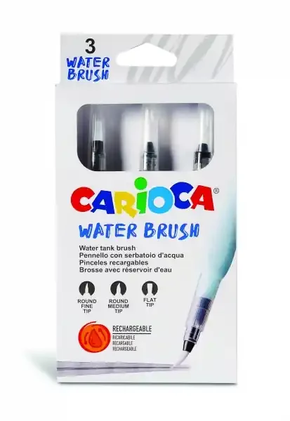 Carioca Pack de 3 Pinceles de Agua Recargables – Deposito Facil de Llenar – Perfectos para el Cole – 3 Tamaños Diferentes – Color Varios