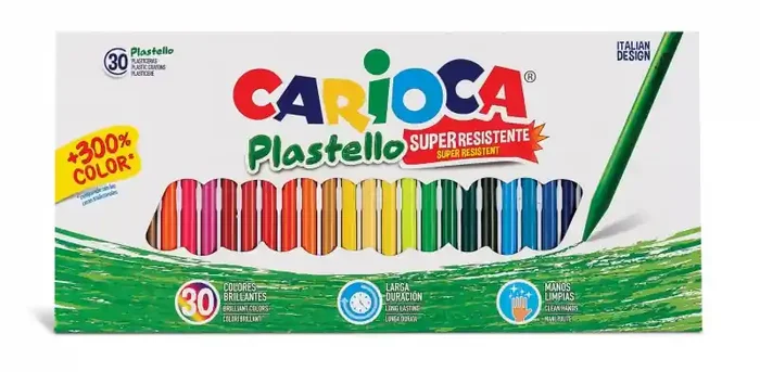 Carioca Pack de 30 Plasticeras – Extra Limpias – No Dejan Color en las Manos – Duran Tres Veces mas – Colores Brillantes y Lavables – Faciles de Afilar – Color Varios