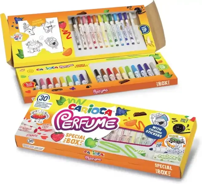 Carioca Pack de 30 Rotuladores Perfumados – Tinta Lavable – Aromas Naturales – Libre de Sustancias Alergenicas – Punta Conica Bloqueada – Incluye Pegatinas para Colorear – Color Varios