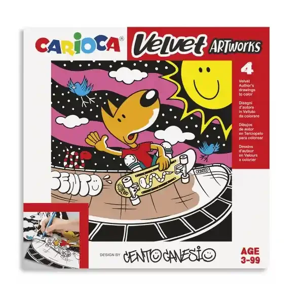 Carioca Pack de 4 Ilustraciones de Terciopelo para Colorear – Suave Textura – Desarrolla Destreza y Creatividad – Colaboracion con Cento Canesio – Color Varios