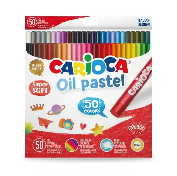 Carioca Pack de 50 Pasteles al Oleo – Colores Brillantes – Lavables – Resistentes a la Luz – Cubrientes – Faciles de Mezclar – Maxi Cuerpo Ø 10mm – Uso en Papel, Carton, Tela y Madera – Color Varios
