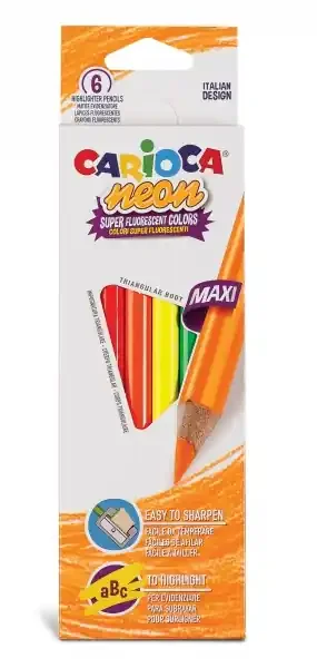 Carioca Pack de 6 Lapices Triangulares Maxi Neon – Colores Fluorescentes – Escritura Blanda – Aptos para Subrayar y Resaltar – Facil Agarre y Sacar Punta – Mina de Ø 5mm – Color Varios