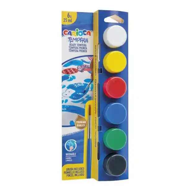 Carioca Pack de 6 Temperas en Botes – 25 ml – Pincel Incluido – Superlavables – Mezclable – Colores Surtidos