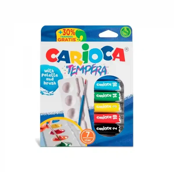 Carioca Pack de 7 Tubitos de Tempera – Incluye Pincel y Paleta – Colores Superlavables – Alto Poder Cubriente – para Materiales Porosos – Packaging 100% Reciclable – Color Varios