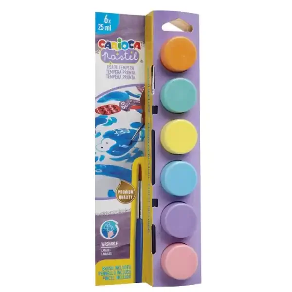 Carioca Pastel Pack de 6 Temperas en Botes de 25ml + Pincel – Superlavables – Mezclables – Colores Pastel Surtidos
