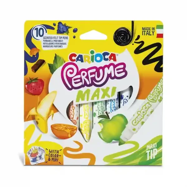 Carioca Perfume Maxi Pack de 10 Rotuladores – Tinta Perfumada – Lavable – Libre de Sustancias Alergenicas – Aromas Naturales – Punta Bloqueada y Conica – Color Varios