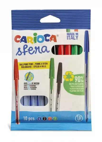 Carioca Sfera Flowpack Pack de 10 Boligrafo – Punta Ø 1mm – Capuchon y Retro del Color de la Tinta – Escritura Super Deslizante – Paquete de Papel – Color Varios