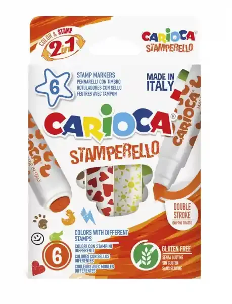 Carioca Stamperello Pack de 6 Rotuladores con Sellos – Doble Punta – 6 Colores Diferentes – Tinta Lavable Atoxica – Color Varios