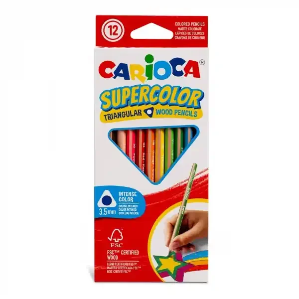Carioca Supercolor Pack de 12 Lapices de Madera – Cuerpo Triangular – Colores Intensos y Gran Opacidad – 3.5mm degrosor – Color Varios