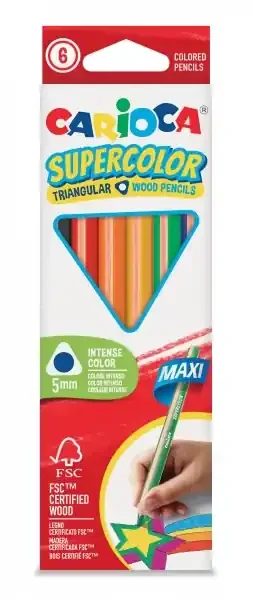Carioca Supercolor Pack de 6 Lapices de Madera – Cuerpo Triangular Maxi – Colores Intensos y Gran Opacidad – Lapizgrueso Ø 5mm – Color Varios