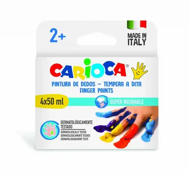 Carioca Temperas Dedo 50ml Pack de 4 Botes de Pintura de Dedos – Pensada para los mas Pequeños – Lavable de la Piel y Tejidos – Atoxicas y sin Olor – Maxima Creatividad y Diversion – Color Varios