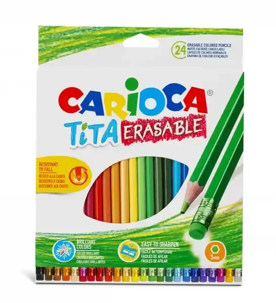 Carioca Tita Pack de 24 Lapices Borrables de Resina – Cuerpo Hexagonal – Colores Brillantes y Lavables – Escritura Blanda – Mina Ø 3mm – Color Varios