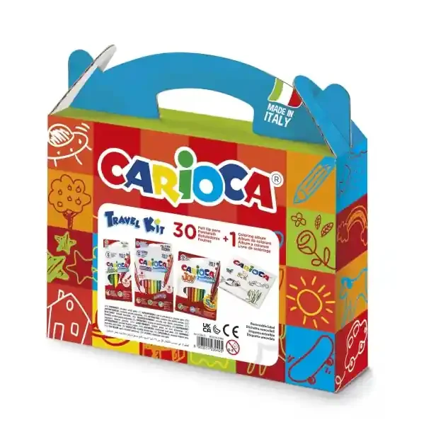 Carioca Travel Kit Maletin de Plastico – 6 Rotuladores Punta Maxi – 12 Rotuladores Punta Fina – 12 Rotuladores Doble Punta – 1 Album para Colorear – Color Varios