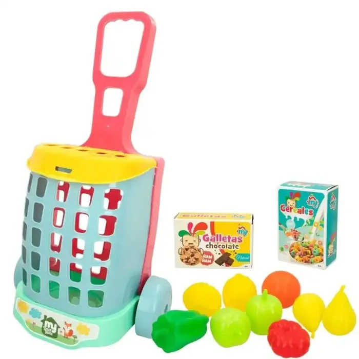 Carrito de Compra Juguete con alimentos del supermercado 11 Pzas edad +3años tamaños aprox 59 x 31 x 22 cm