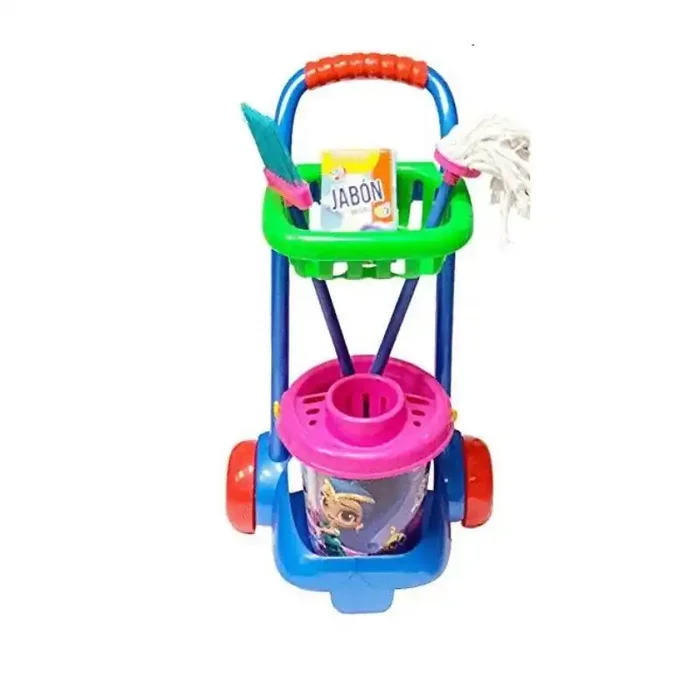 Carrito limpieza juguete cubo fregona escoba y escobón cesto altura 60cm