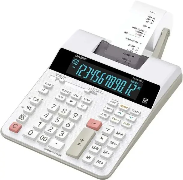 Casio FR-2650RC Calculadora Impresora de Sobremesa – Impresión en 2 colores – Pantalla de 12 Digitos – Función de reloj y calendario – Color Blanco